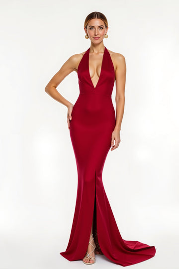 Robe longue de vacances sirène en satin dos nu rouge